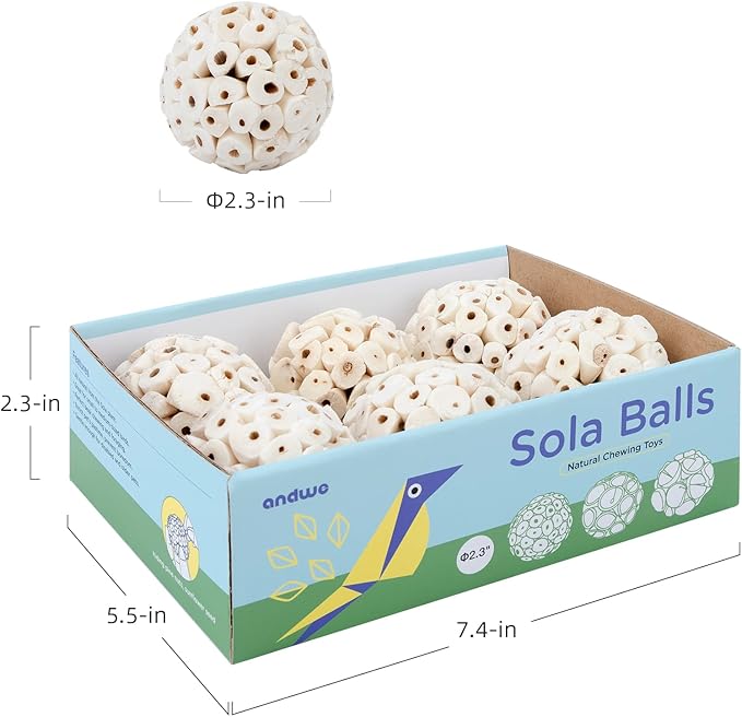 andwe Bird Toy Sola Ball - Natural Soft Chew Shredding & Foraging Toy for Cockatiel Conure Quaker Parrot Budgie Parakeet Rabbit Bunny Guinea Pig Chinchilla (Style 1 (Pack of 6))