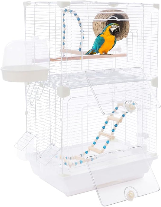 2-Door Wrought Iron Bird Cage Parakeet Cage with Handles, 25" H Parrot Cage Pet Birds Flight Cage w/Swing, 360° View Interactive Birdcages Bird House Travel Cages for 1-3 Birds (Transparent)