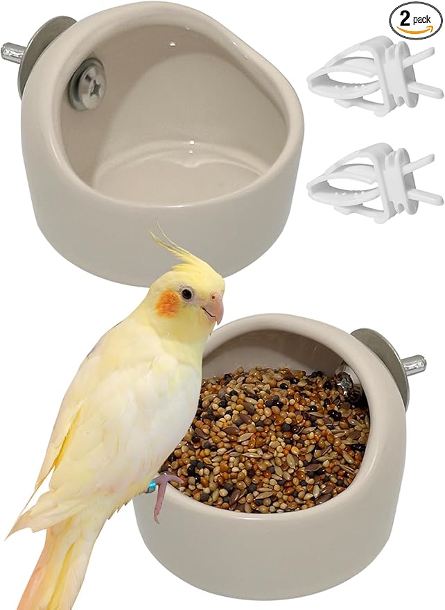2 Pcs Ceramic Bird Food Bowl Hanging Parrot Food Bowl Pet Bird Bowls Birds Cage Holder for Budgie Finches Lovebirds Parakeet Cockatiels (White)