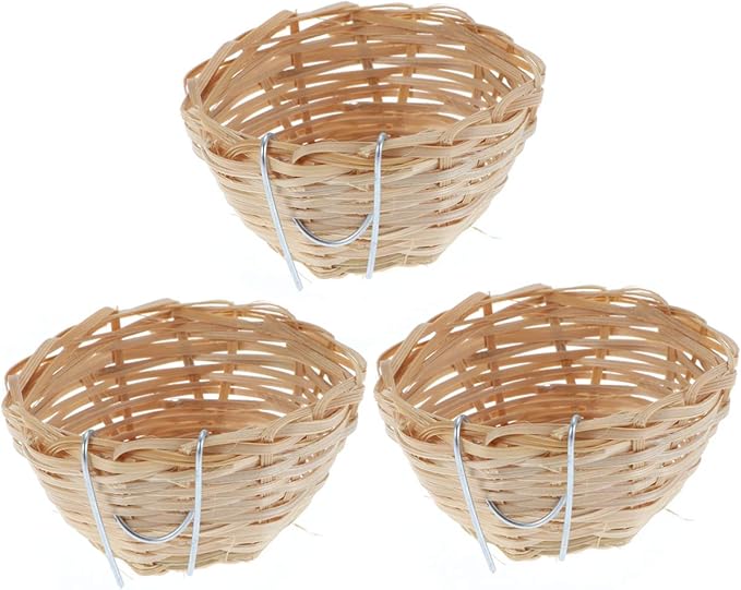 POPETPOP 3Pcs Bird Nest - Finch Nest Natural Bamboo Bird Breeding Nest Bed for Budgie Parakeet Cockatiel Parakeet Conure Canary Lovebird and Small Parrot with Hook