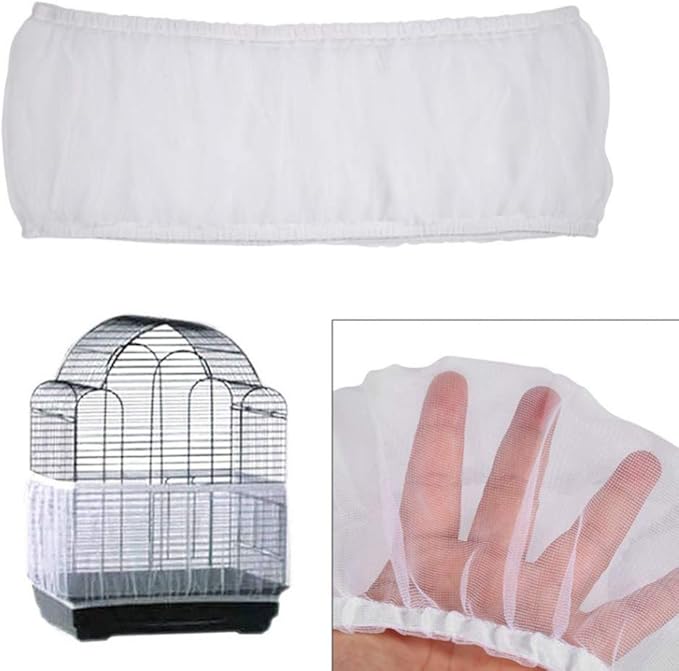 POPETPOP Mesh Bird Cage Skirt - Bird Cage Seed Catcher Net Birdcage Cover - Breathable Bird Cage Cover Shell Skirt for Small Medium and Large Birds - Size L (White)