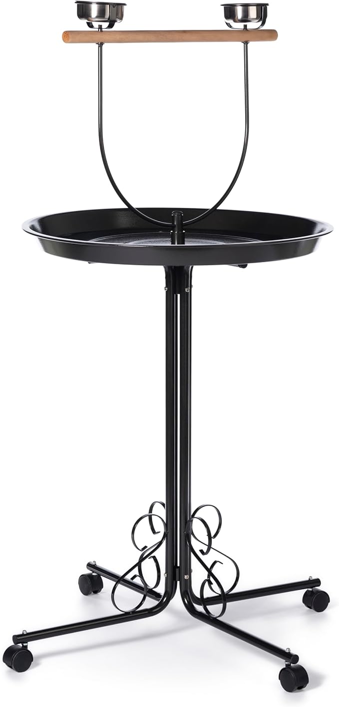 Prevue Pet Products Parrot Play Stand with Wheels - Rolling Bird Perch Center with Food & Water Bowls, Indoor & Outdoor Stand for Birds with Wheels, Enrichment Accessories - Black