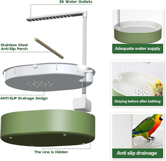 Bird Bath, Parrot Bathtub, Automatic Parrot Shower Bath with Pump, Birds Shower Bathtub with Running Water, Large-Capacity Water Tank,Suitable for Many Kinds of Birds (Green)