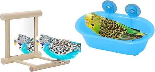 Wontee Bird Bath Parrot Bathing Tub Bird Mirror with Perch Toys for Budgies Parakeets Cockatiels Lovebirds Finches Canaries (Blue (A))