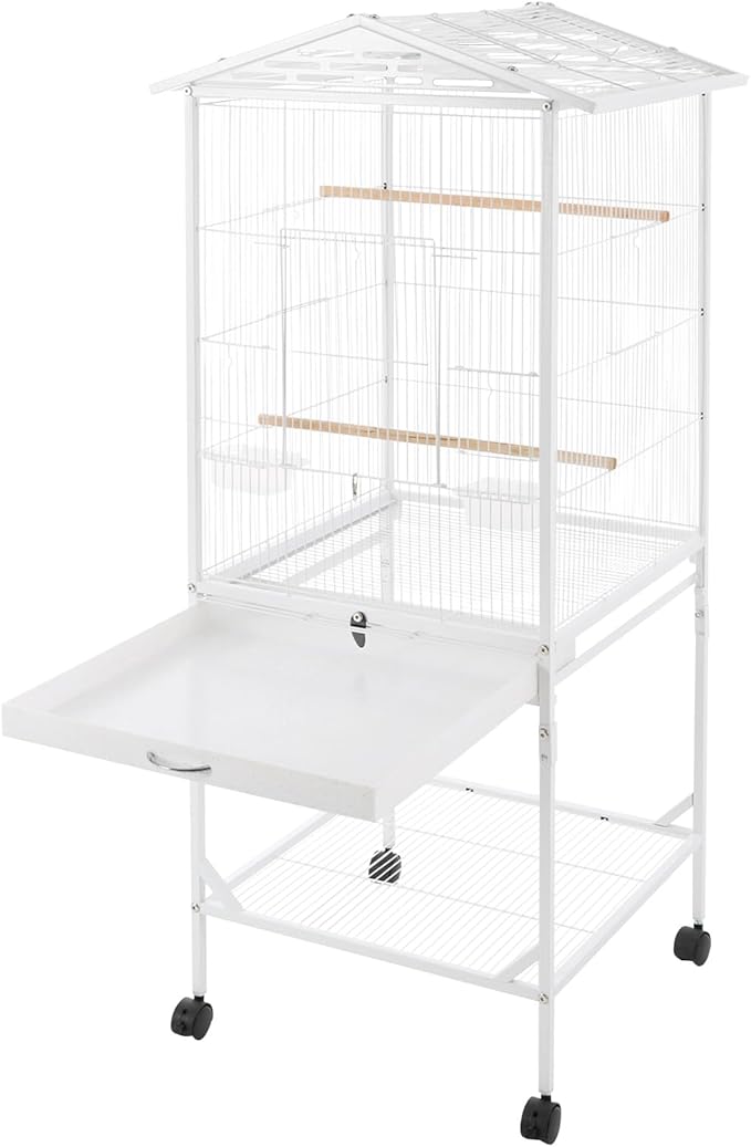 Extra Large Bird Cage 54Inch Wrought Iron Bird Cage with Rolling Stand Metal Parrot Cage with Open Play Top Perch Stand for Conures Lovebirds Cockatiels Finches (White)