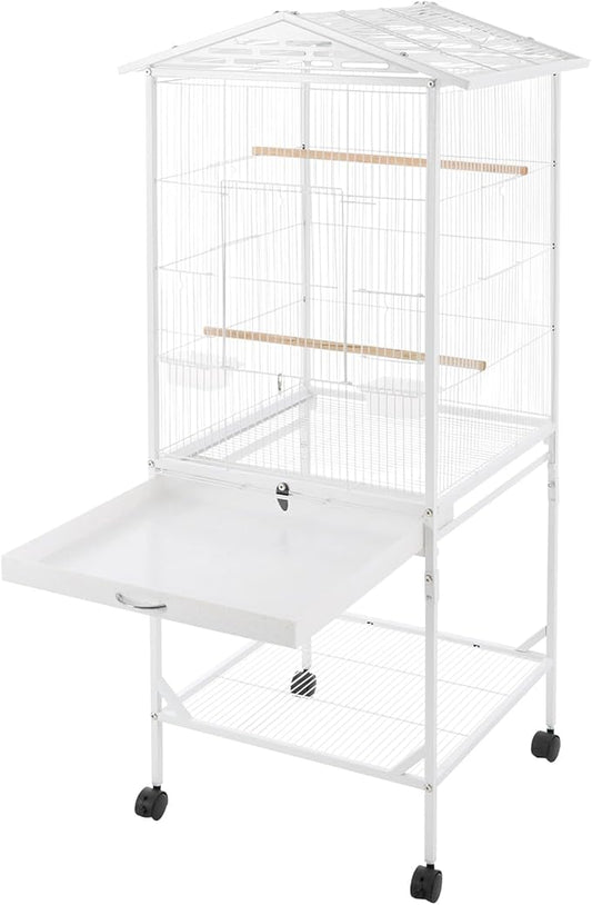 Extra Large Bird Cage 54Inch Wrought Iron Bird Cage with Rolling Stand Metal Parrot Cage with Open Play Top Perch Stand for Conures Lovebirds Cockatiels Finches (White)