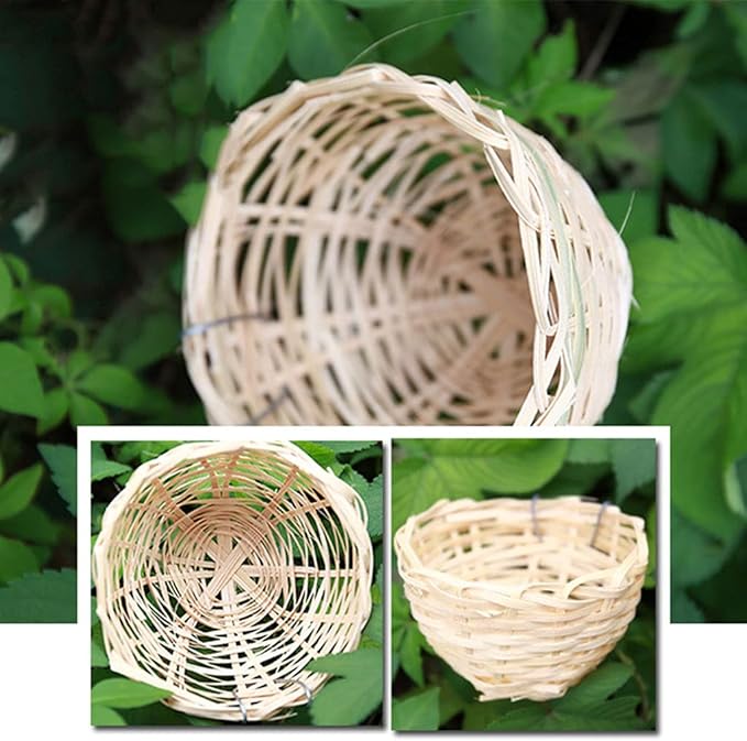 hejhncii Small Bird Nest with Metal Hook Hand Woven Bamboo Bird Eco-Friendly Birds Cages Accessory Cozy Birds Nest Hand Woven Bird Nest