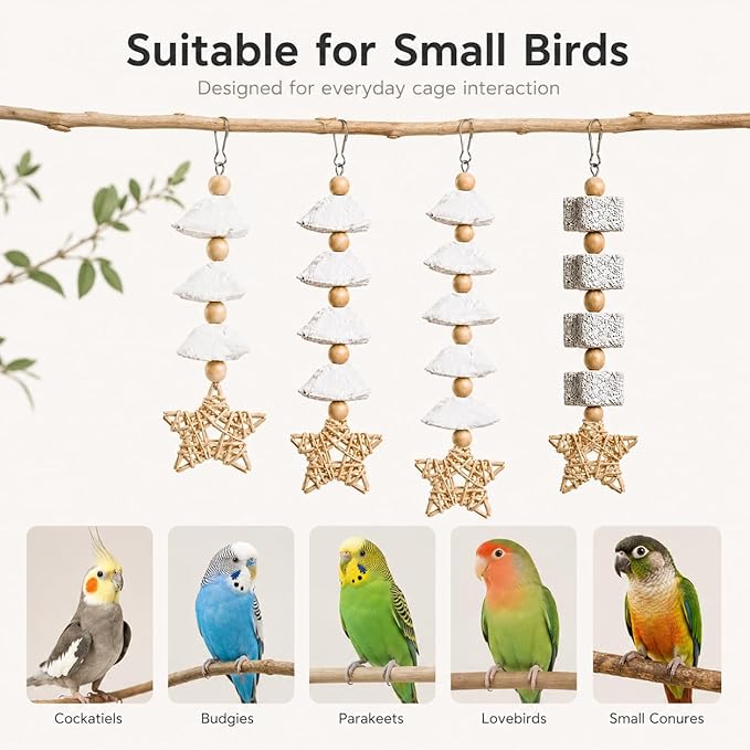 4 Pack Hanging Bird Chew Toys for Small Birds Cuttlebone and Pumice Cage Toys with Rattan Star and Wood Beads for Cockatiel Budgie Parakeet Conure Lovebird