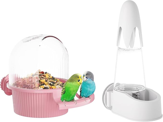 No Mess Bird Feeder Water Dispenser Set, Automatic Hydration, Bird Cage Accessories for Cockatiels Parrots Lovebirds Canarys Finches Budgies and Other Small to Medium Sized Birds (Pink + White)