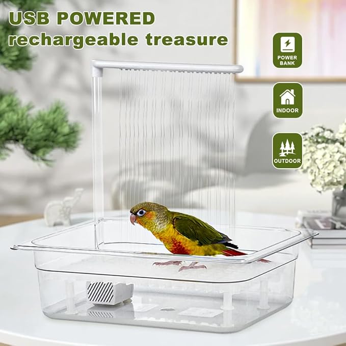Bird Bath Tub with USB Pump, Automatic Bird Shower with Adjustable Water Flow, Transparent Acrylic Basin & Mesh Perch for Parakeets, Cockatiels, Conures, Budgies, African Greys, Amazons