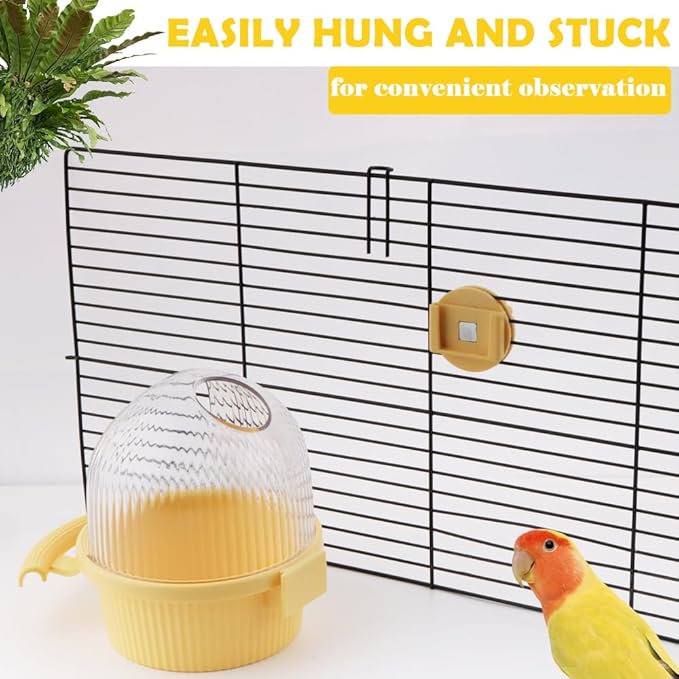 1 Pack Bird Cage Feeder No Mess Dispenser Cup with Perch for Parakeet Budgies Cockatiel Lovebird Small Birds (Yellow)