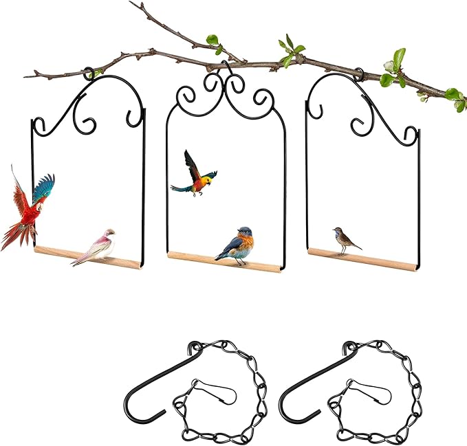 3 Pcs Hummingbird Swings and Perches Wild Bird Swing Metal Frame with 3 Hanging Chain and Wooden Dowel Hummingbird Swings for Outdoors Hanging, Outdoor, Trunk, Lawn, Patio, Garden, 3 Styles