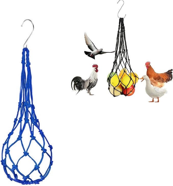 Chicken Vegetable Hanging Feeder, Chicken Vegetable String Bag, Poultry Fruit Holder Chicken Cabbage Feeder Treat Feeding Tool with S Hook for Hens Chicken Coop Toy for Hen Duck Accessories