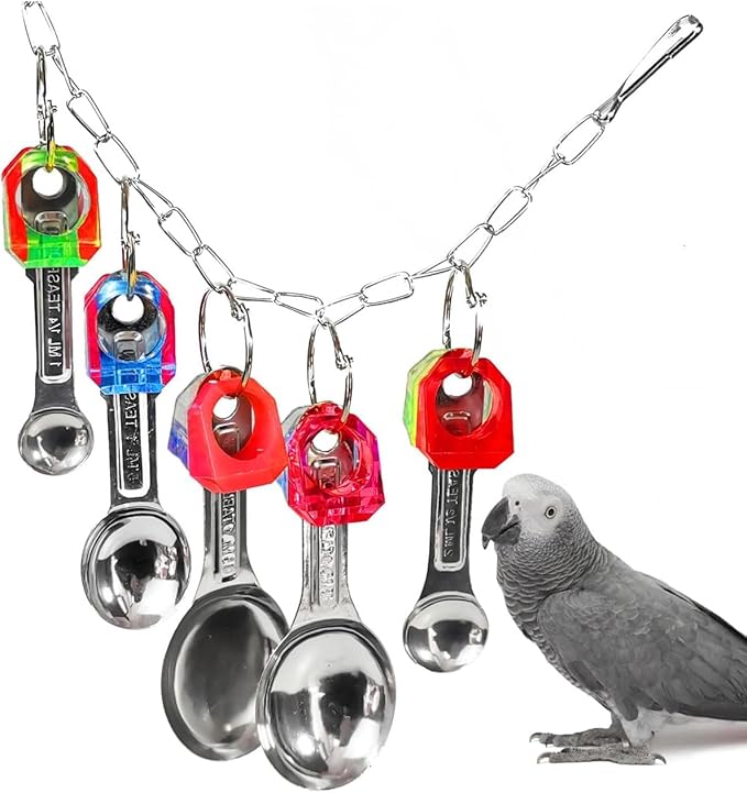 Bird Chew Toys, Shiny Stainless Steel Spoon and Colorful Acrylic Rings Cage Toys, for Medium Large Macaws Parakeets Cockatoos Amazon Conures Budgie Lovebirds Finches African Grey Parrot