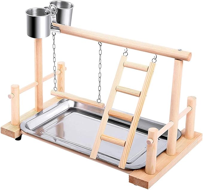 Perch Bird Play Stand Wood Playground with Feeder Cups, Hanging Swing, Ladders Small Animals Gym Tabletop Toys Exercise Play_AB