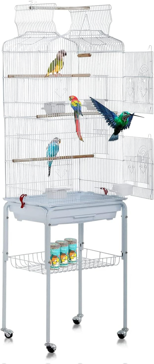 Bird Cages for Parakeets Cockatiels Lovebirds Macaw Conure, Large 64 Inch Open Top Parakeet Cage with Stand & Storage Shelf, White Wrought Iron Flight Pet House