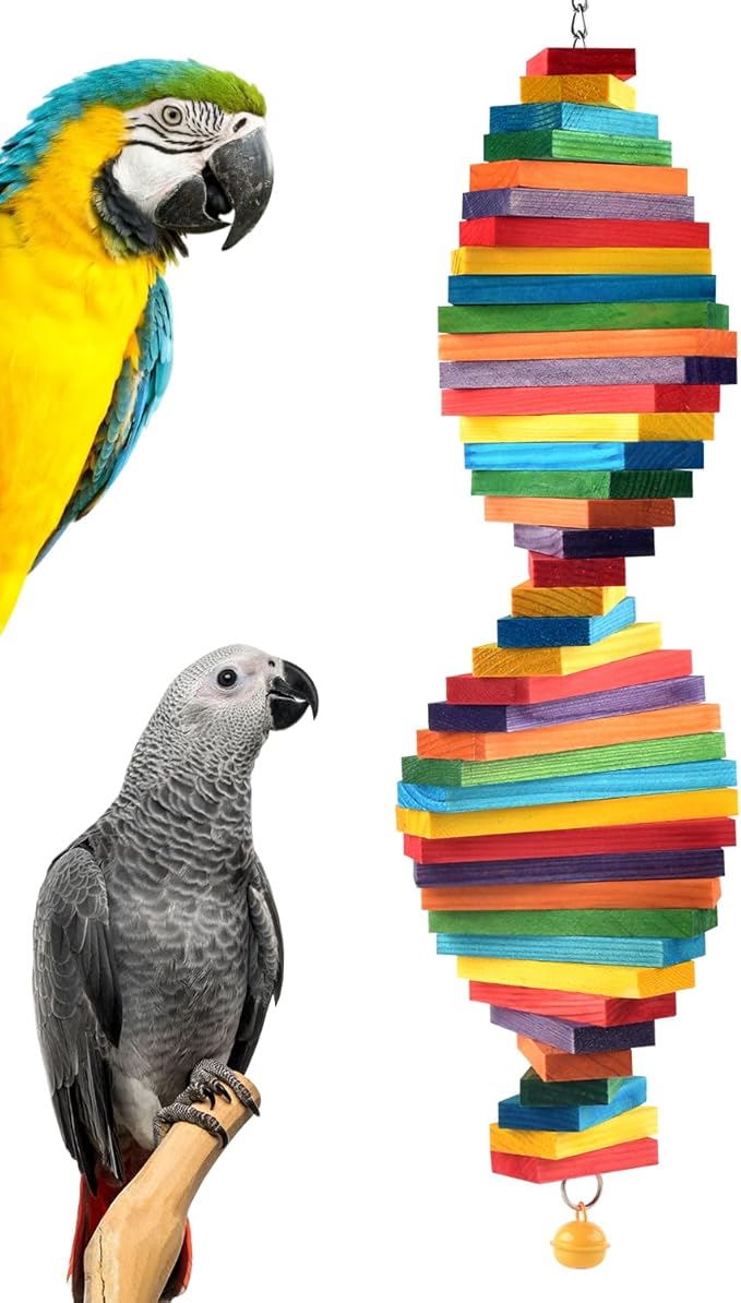 Bissap Bird Chew Toys, 20.8'' Multicolored Bagel Cascade Medium Large Parrot Chewing Sticks Biting Wooden Blocks Toy for Big Senegal Amazon Cockatoos Macaws African Grey and Similar Sized Pet Birds