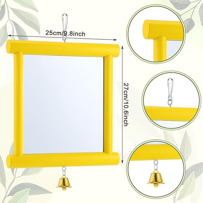 Sadnyy Extra Large Chicken Mirror Toys Hanging Swing Double Side Mirror with Bell Wooden Pecking Toy for Hens Birds Parrots Coop Roosters Enrichment Toy for Poultry(Square, Yellow, 1pcs)