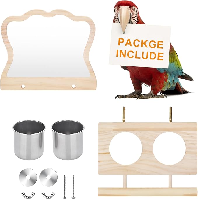 Bird Perch Platform Toy with Mirror, Standing Rack & Stainless Steel Bowl - Wooden Play & Exercise Gym Stand, Cage Accessory for Cockatoos, Lovebirds, Budgies, Pacific Parrotlets & Canaries
