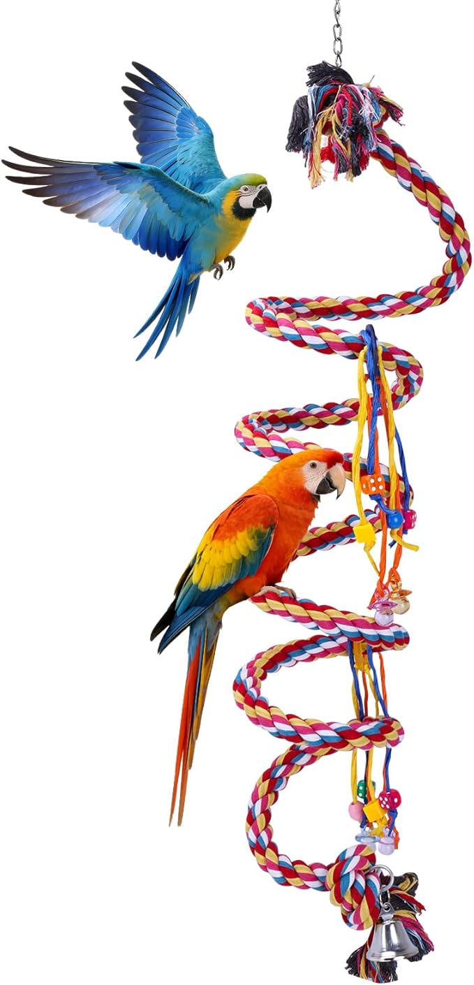 Ultra Long Bird Toys for Large Parrots - 110'' Heavy Duty Cotton Rope Birds Toy Swing, Spiral Hanging Bird Toys with Bell & Acrylic for Macaws, Cockatoos, Greys, Enrichment Parrot Toys