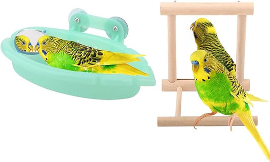 Wontee Bird Bath Parrot Bathing Tub Bird Mirror with Perch Toys for Budgies Parakeets Cockatiels Lovebirds Finches Canaries