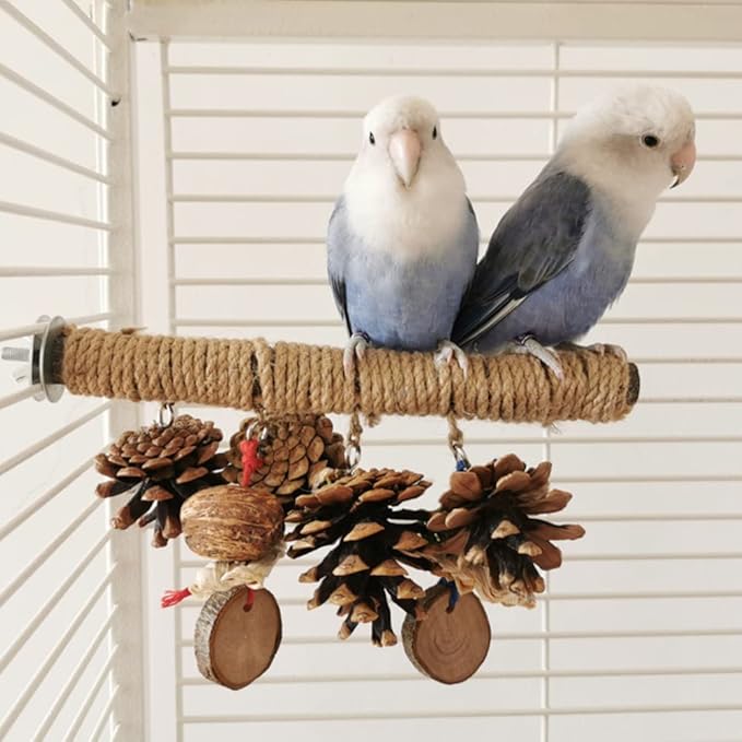 Bird Perches Stand Bird Hemp Perches with Chewing Toys, Birdcage Wood Stand Tree Perches for Birds Cockatiels Parrots Conures Macaws Finches (Large)