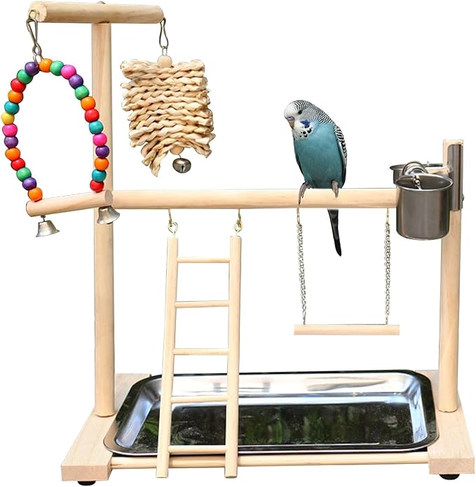 Bird Stand, Natural Wood, Parrot Playground with Removable Tray & 2 Stainless Steel Feeder Cups, Suitable for Parakeet, Conure, Cockatiel, Lovebird, Canary, Lorikeet & African Grey