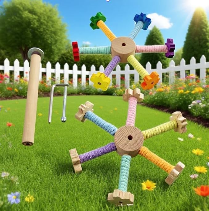 Flower Bird Stand Perch Toy, Interactive Spinning Parakeet Toys, Wooden Exercise Wheel Parrot Toy, Colorful Enrichment Cockatiel Toy for Birds Cage, Bird Cage Accessories Perch Toys for Budgies
