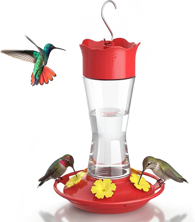 Kingsyard Glass Hummingbird Feeder for Outdoors Hanging, 10 oz Leak-Proof Humming Bird Feeders with Ant Moat & Bee Proof Feeding Ports, Hummingbird Gift for Bird Lovers (Clear)