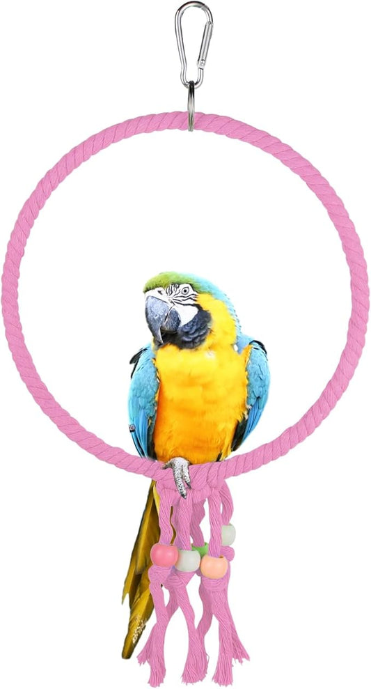 Bird Swing, 20 CM Diameter Hanging Parrot Swing with Colourful Beads, Swing Parrot Toys Cotton Rope Ring Bird Cage Toys for Budgie, Cockatiel, Canary, Parakeet, Finch (Pink)