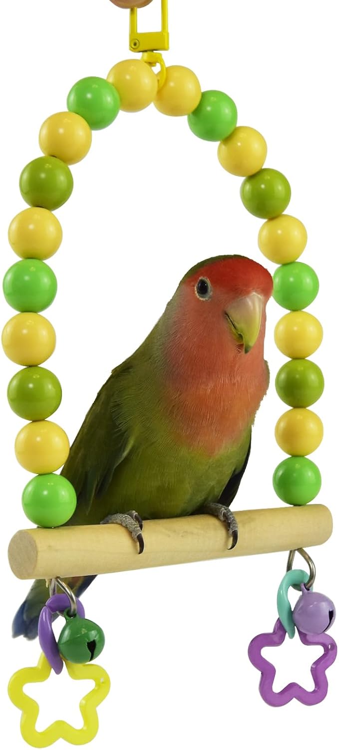 Wooden Bird Cage Swing Perch for Parakeets,Small Parrots Swings Stands with Green Yellow Acrylic Beads Bells, Birdcage Playground Gym Accessories Hanging Climbing Toy for Lovebirds Budgies