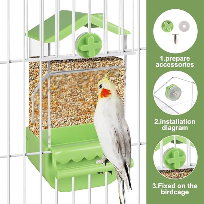 Automatic Bird Feeder with Perch, No Mess Transparent Parrot Food Dispenser for Small Medium Birds Parrots, Finches, Lovebirds, Canaries