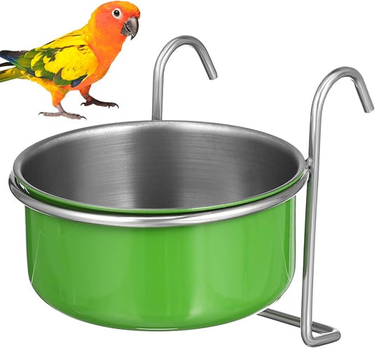 Parrot Feeder Bowl Stainless Steel Bird Hanging Bowls with Wire Hook Birds Food Water Storage Container Cage Cups Holder for Cockatiel Conure Parakeets