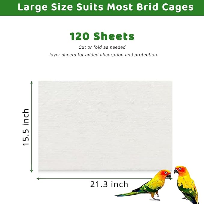 ZIQON 120 Pcs Bird Cage Liner Papers Big Size Cage Paper Liners Disposable Cage Paper Liners Precut Absorbent Cushion Pad Mat Accessories for Pet Bird Parrot