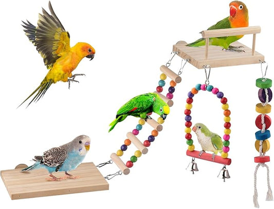 DBNESS 5in1 Bird Parakeet Toys, Detachable Birdie Perches Platform Swing with Climbing Ladder, Parrot Cage Stand Accessories, Wooden Playing Gyms for Conure Cockatiel Lovebird Finch Budgerigar Pigeon