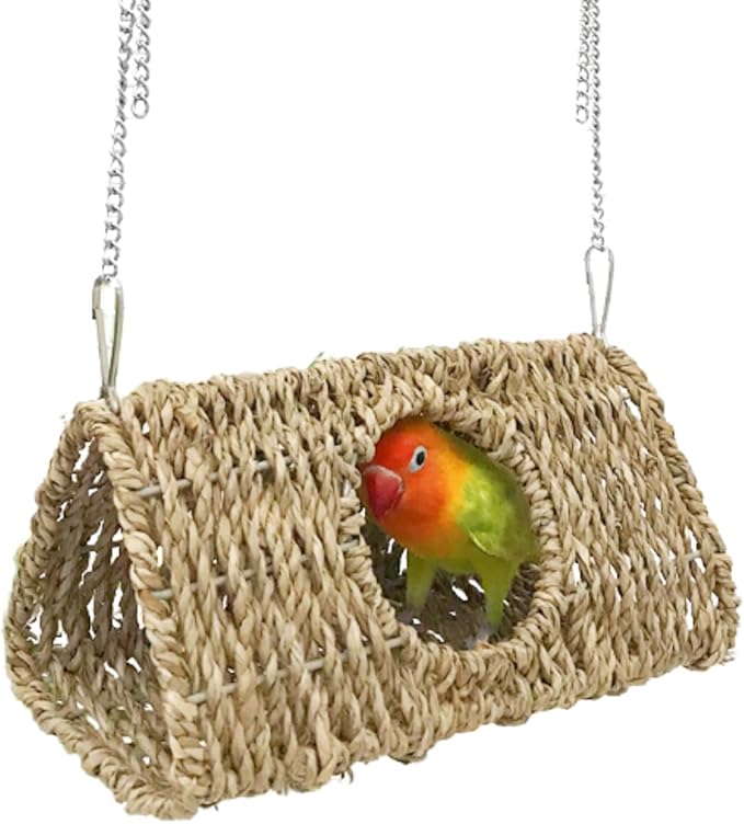 Seagrass Bird Triangle House Sea Grass Tent Parrot Tunnel with Hole Natural Hanging Hammock Swing Nest Bird Snuggle Hut Toy for Hamster Lovebird Budgie Conure Cockatiel (Large)