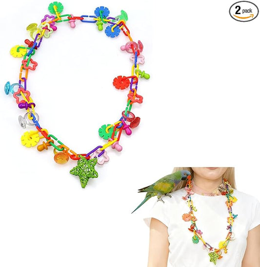 (2 Pack) Bird Necklace Toy Rainbow Necklace Bird Toy Chewing Toy Cage Links Bird Swing, Climbing Chain for Small Sized Birds, Small Bird Necklace Toy.