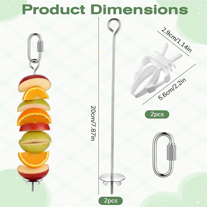 2 Pcs Bird Cage Food Holders, Stainless Steel Bird Feeder for Cage Parrot Foods Fruit Vegetable Stick Holder with Hook for Parakeets, Budgies, Macaws (2 Sizes)
