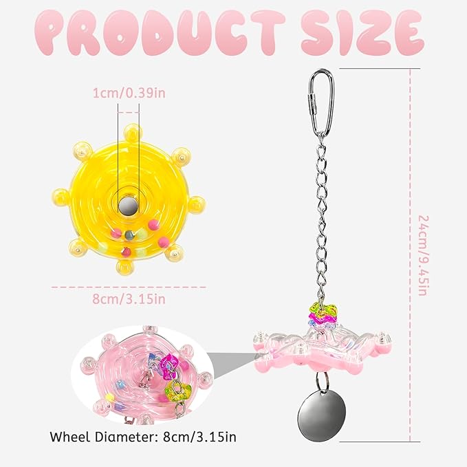Parakeet Toys, 2 Pack Bird Toys for Parakeets - Interactive Colorful Spinner Wheel Rattle with Bell for Cockatiels, Budgies, Conures, Small Parrot Cage Chewing Exercise Enrichment Toys (Yellow & Pink)