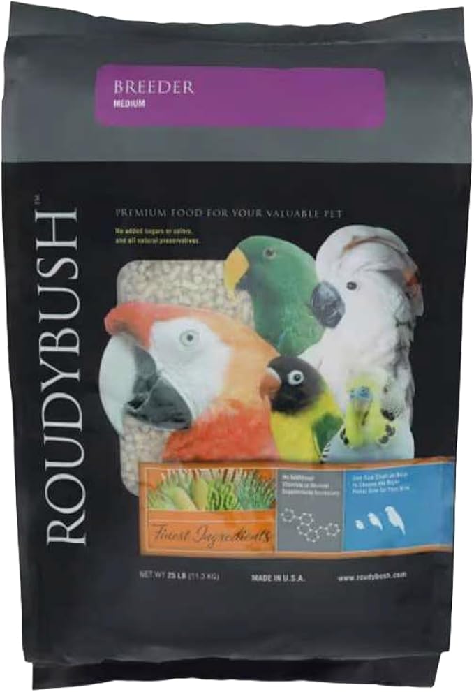 RoudyBush Breeder Food for Breeding & Weaning Birds, Pelleted Diet Made with Corn, Wheat & Soy, Daily Food for Small & Medium Parrots, Medium Pellet, 25 LB