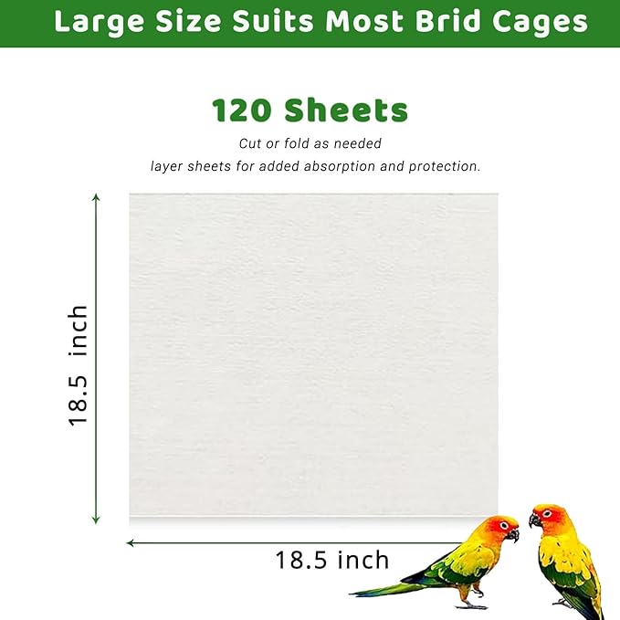 ZIQON 120 Pcs Bird Cage Liner Papers Big Size Cage Paper Liners Disposable Cage Paper Liners Precut Absorbent Cushion Pad Mat Accessories for Pet Bird Parrot (White, 18.5 * 18.5 inch)