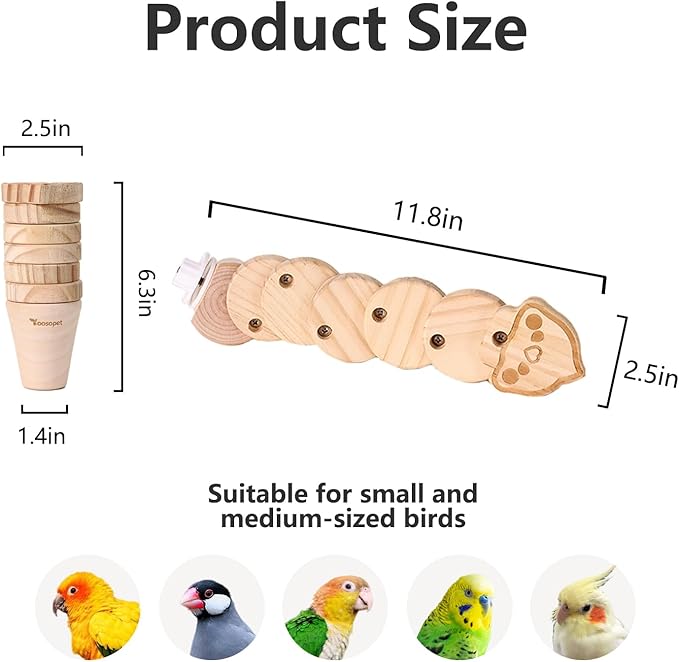 Natural Wood Bird Ladder Perch Toy - Chewable Safe Parrot Climbing Toy for Cockatiel, Finch & Other Small to Medium Birds, Bird Cage Accessories with Easy Screw Installation (Cartoon Parrot Pattern)