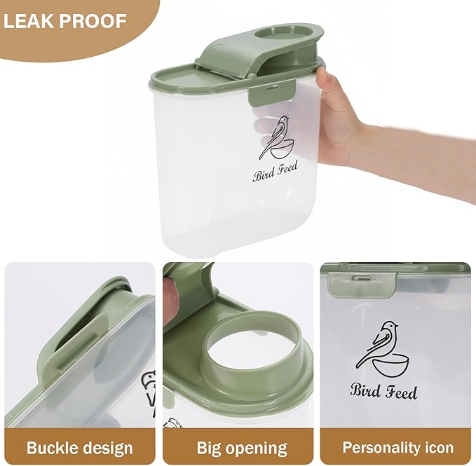 Bird Seed Storage Container, 2.1 Qt/2 L, Airtight, Flip Lid & Pour Spout, Bird Food Container with Scale for Sunflower Seeds, Portable Travel Kibble Storage Dispenser for Small Animal, Green