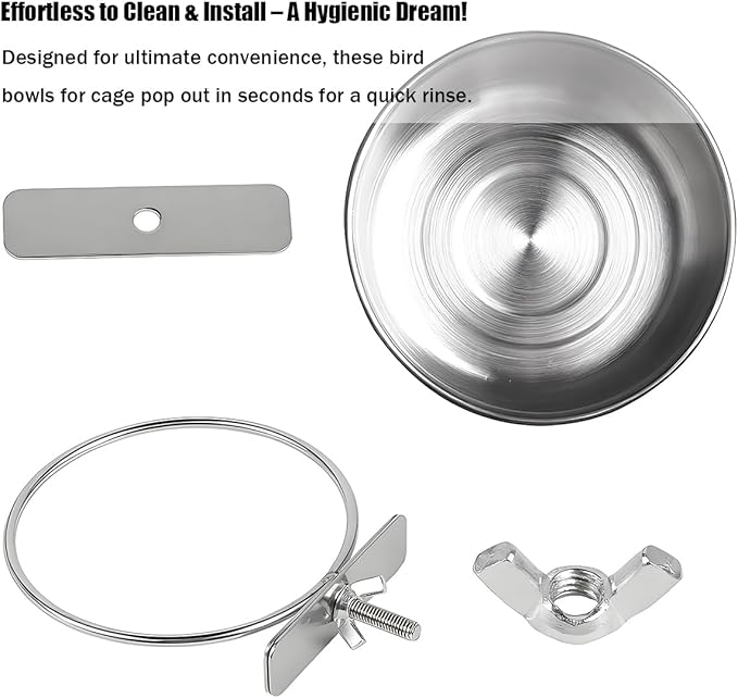 Parrot Feeding Cups Stainless Steel Bird Cage Feeder & Water Bowl - Chew-Proof Food Bowls with Clamp Holder for Parrot, Cockatiel, Conure, Budgie, Macaw, and Small Animals (M - 1Pc)