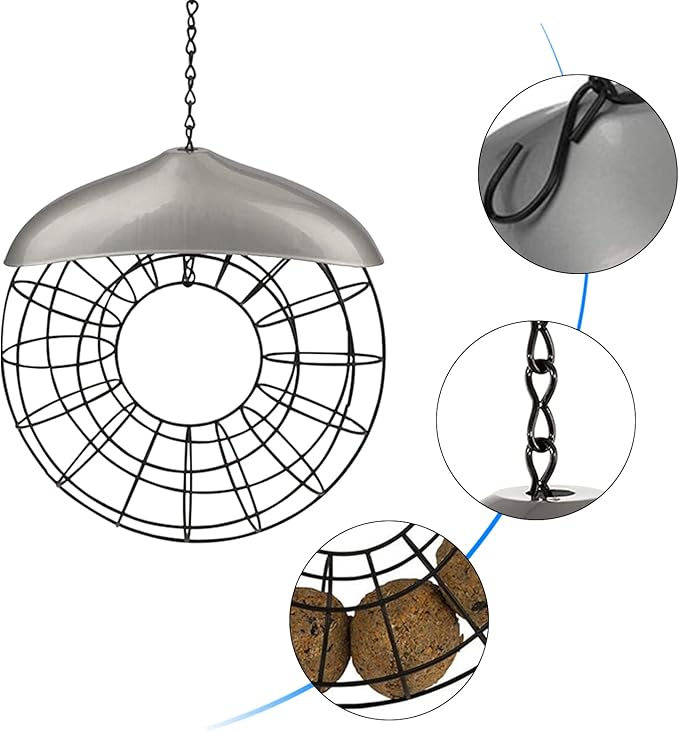 Fat Ball Stand, Fat Ball Feeder for Bird Feeder, Hanging Round Shape Metal, Food Ring Dispenser with Lid