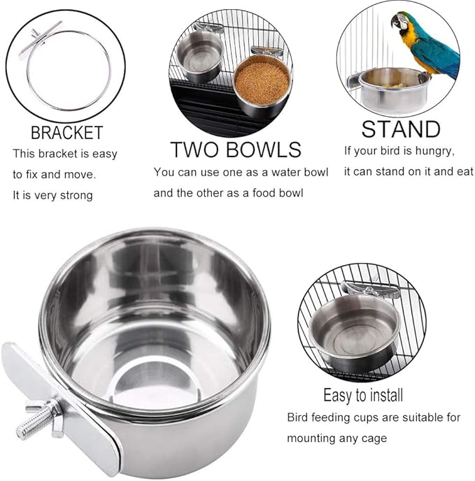 PINVNBY Parrot Feeding Cups Birds Food Dish Stainless Steel Parrot Feeders Water Cage Bowls with Clamp Holder for Cockatiel Conure Budgies Parakeet Parrot Macaw Small Animal Chinchilla Pack of 2