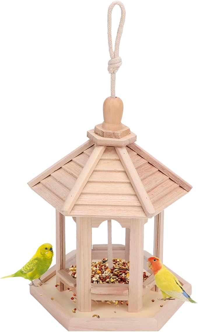 Bird Feeder for Outdoor, 24.5×20×20cm Wooden Hanging Birdfeeder Building Kits Birds Nests Ornaments Feeder Food Container with Hang Rope