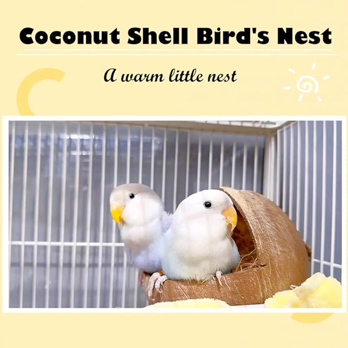 VTurboWay 2 Pack Natural Coconut Shell Parrot Nest Finch House Canary Bed Hanging Toy Breeding Nesting Anti-Pecking Bite with Warm Pad for Cages Sleeping Bird Bed