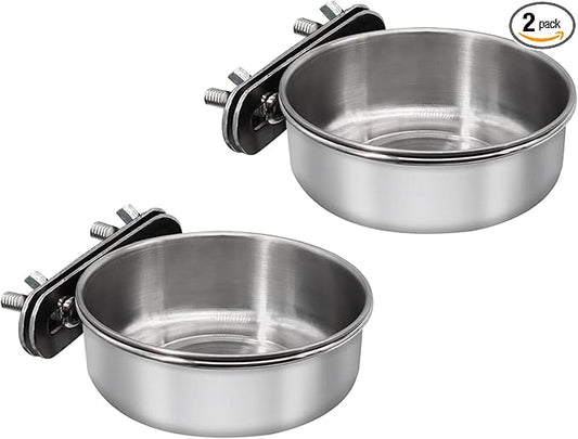 2 Pcs Small Bird Feeding Dish Cups,Parrot Food Bowl Cage with Clamp Holder Stainless Steel,Birdcage Coop Water Feeder for Cockatiel Parakeet Macaw Finches Lovebirds Small Animals (2 Pack, Small)