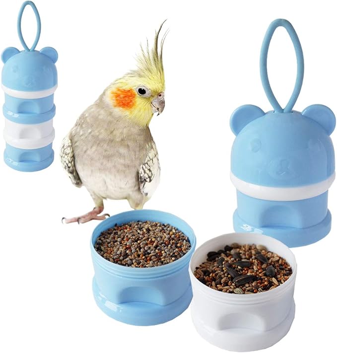 Portable Bird Feeder Cups Bird Food Water Treat Box Parrot Food Storage Container，Pet Travel Feeder(Blue)